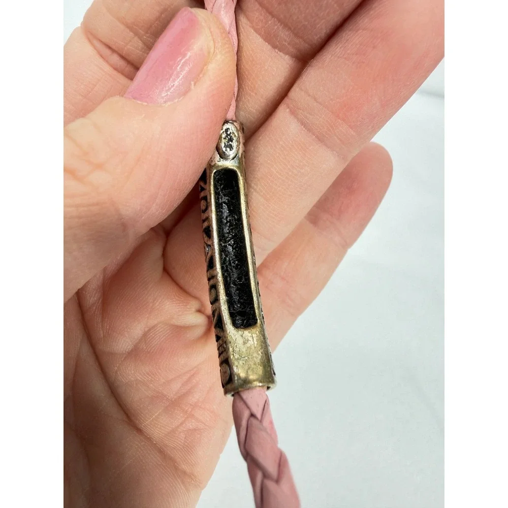 Pink Braided Woven Leather Bracelet Silver Plated Tube w/ Pink Crystals Boho OS